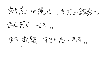 対応が速く、傷の板金も満足です。またお願いすると思います。