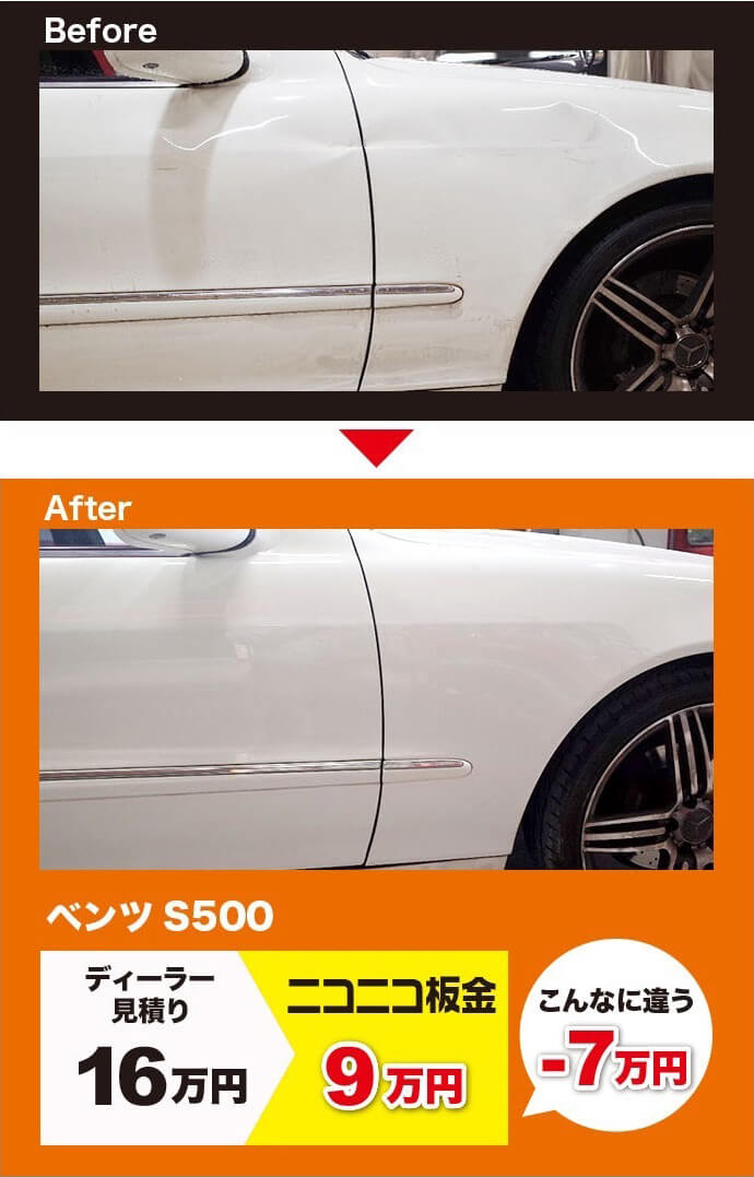 ディーラーだと16万円の見積もりだったベンツ S500、ニコニコ板金なら9万円で綺麗に修理できました！